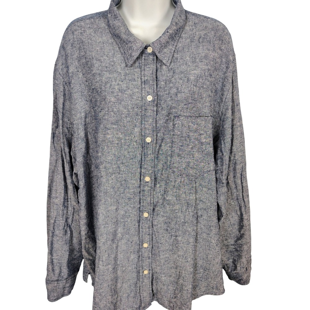 Gap The Easy Shirt Mens XXL Blue Marled Linen Blend Long Sleeve Button Down New